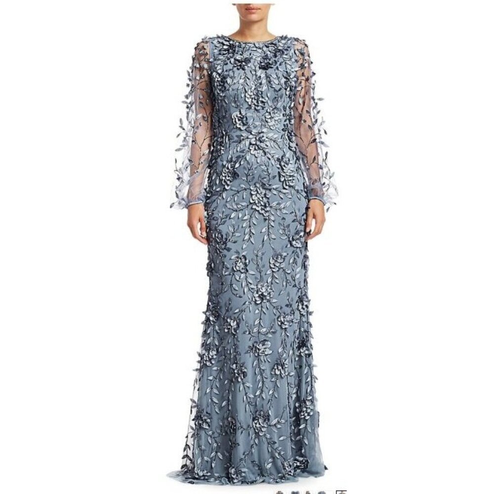 Theia $1295 Floral Mesh Long-Sleeve Gown Blue Formal Evening Dress Size 4 NWT